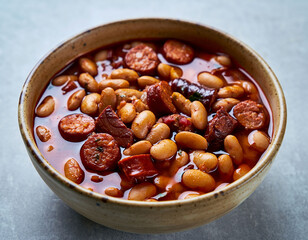 Traditional Spanish fabada bean stew with chorizo in ceramic bowl