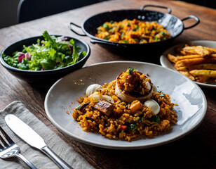 Homemade paella on rustic table with Spanish tapa