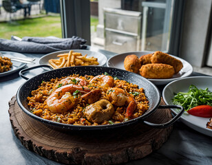 Homemade paella on rustic table with Spanish tapa
