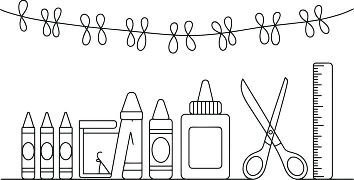Line art illustration of school supplies including crayons glue bottle scissors and ruler art supplies