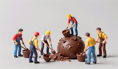 Chocolate construction crew working on a delicious treat in a playful miniature scene