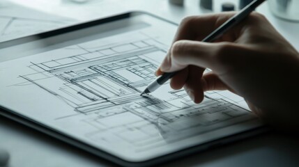 Modern architect creating blueprint on a tablet: design and technology merging