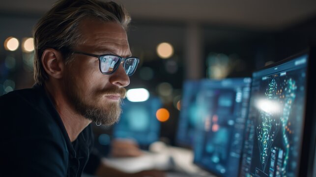 Man working on multiple computer screens in a modern office during nighttime
