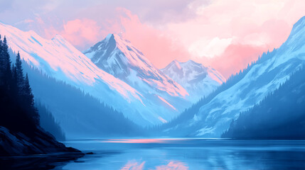 Majestic mountain range with serene lake reflecting pastel sky at dusk