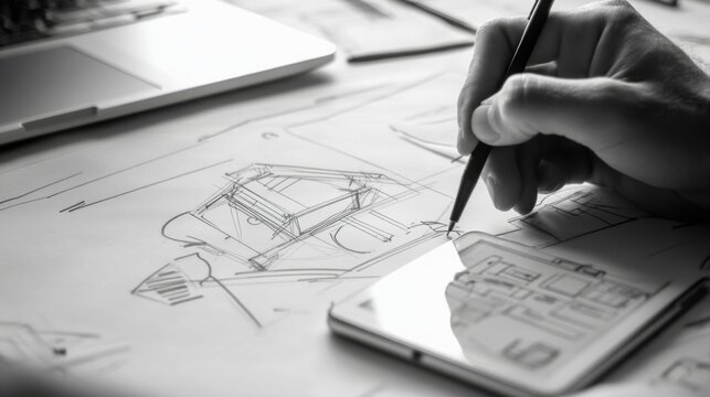 Architectural sketch creation, modern design concept with laptop and digital tablet - Powered by Adobe