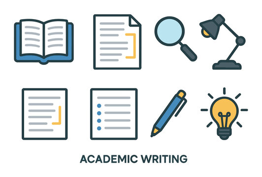Academic writing tools icon set with book, document, lamp, pen, magnifying glass, and light bulb