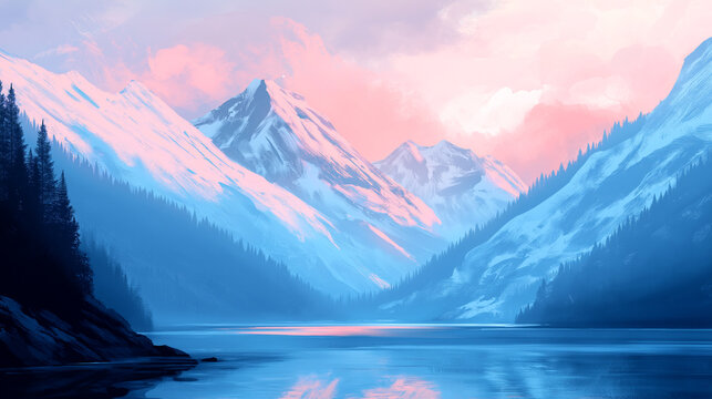 Majestic mountain range with serene lake reflecting pastel sky at dusk - Powered by Adobe