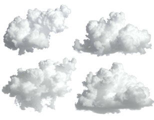 Four fluffy white clouds isolated on a dark background, various shapes