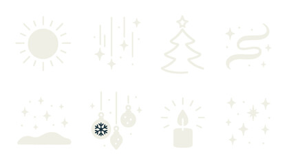 Glowing christmas icon set with tree, moon, and candle on dark background