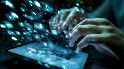 Individual engages with social media on a smartphone during a late-night session in a cozy indoor setting