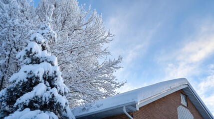 beautiful snowy weather, fresh snow covering tree and rooftop, soft sunlight reflecting on snow, gentle snowfall, winter landscape, calm atmosphere