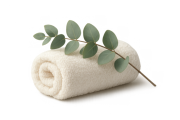 Rolled spa towel with eucalyptus branch promoting wellness, relaxation, and self-care on transparent background