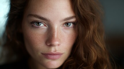 Fototapeta premium Young woman with curly hair and striking green eyes poses warmly in soft lighting
