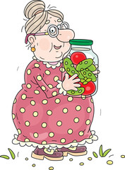 Happy granny holding a glass jar of canned red tomatoes and green cucumbers in vinegar and brine from her kitchen garden, vector cartoon illustration on a white background