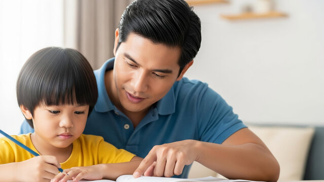 Asian dad helping child with schoolwork at home   - Powered by Adobe