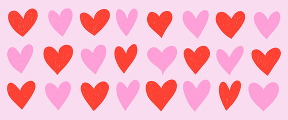 Hand draw pink and red hearts .