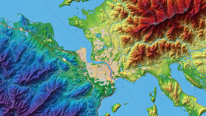 Vivid topographic relief map illustrating a coastal urban landscape situated between expansive colorful mountain ranges and a large body of water, detailing elevation changes and geographical features