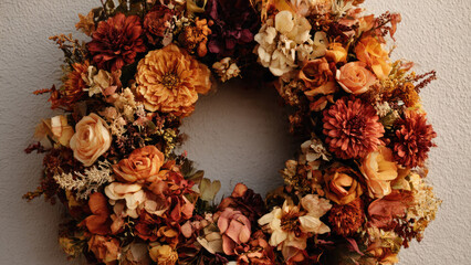 An exquisite autumn wreath showcasing dried flowers and foliage in rich terracotta, rust, and cream tones, evoking a cozy fall ambiance.