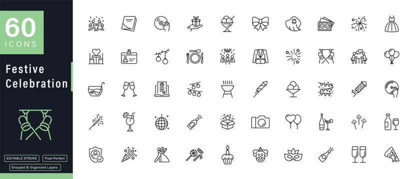 Festive Celebration Event Party Holiday Icons Set