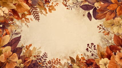 Warm autumnal botanical frame featuring richly colored leaves and delicate flowers in oranges, browns, and reds on a textured beige background, perfect for fall themes.