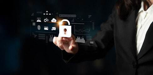 Digital cyber security lock system highlighting data security encryption, cyber password protection, fingerprint ID, cloud storage safety, and cyber security for online access Latch