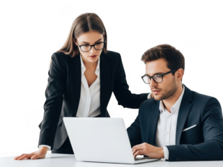 Two business professionals, a woman standing and a man sitting, collaborating intently over a white laptop computer, isolated on transparent background