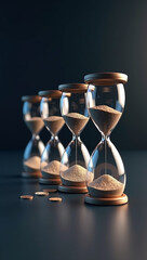 Four wooden hourglass with flowing sand and scattered coins, concept of time and money passing with warm dramatic lighting