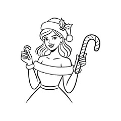 Obraz premium Woman in Santa hat holding candy canes, festive Christmas illustration vector