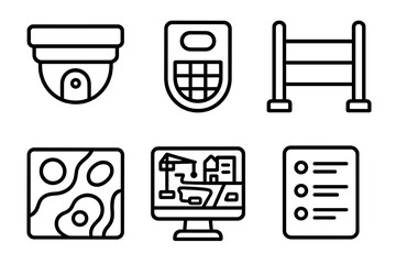 Worksite Surveillance Icons. Worksite Surveillance Tech Set linear icon set: CCTV dome, motion detector, perimeter sensor, heat map panel, site overview screen, activity log