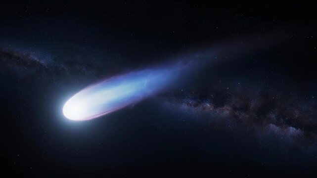 A stunning digital illustration of a comet blazing through the dark expanse of space, leaving a luminous trail.