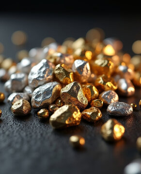 Gold nugget metallic nugget gold pebble silver pebble gold ore silver ore mineral nugget precious metal shiny metal metallic textureA close up of gold and silver metallic nuggets scattered dark