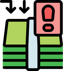 Bundle of banknotes with alert symbol and downward arrows representing financial risk, loss, and economic downturn