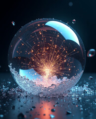 Sparkling glass sphere with bursting golden light and icy crystal fragments, dramatic bokeh and cool blue reflections creating luminous contrast and magical atmosphere