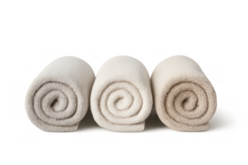 Rolled spa towels in white and cream tones representing hygene, comfort, and relaxation on clear background