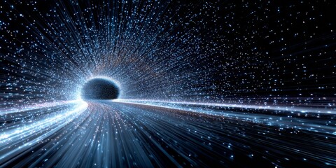Futuristic digital tunnel with glowing particles and light trails symbolizing technology and data integration for innovative backgrounds