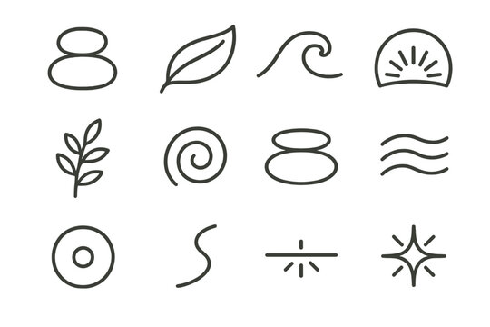 Nature Balance Icons. Nature-Inspired Balance Pack linear icon set: stone duo, curved leaf, tranquil wave, warm glow arc, plant sprig, earthy swirl, balanced ring, gentle breeze