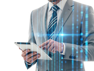 Businessman in a suit interacting with a digital tablet overlaid with glowing blue binary code streams, symbolizing data analysis and technology integration, isolated on transparent background