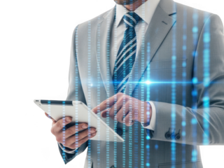 Businessman in a suit interacting with a digital tablet overlaid with glowing blue binary code streams, symbolizing data analysis and technology integration, isolated on transparent background