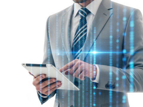 Businessman in a suit interacting with a digital tablet overlaid with glowing blue binary code streams, symbolizing data analysis and technology integration, isolated on transparent background - Powered by Adobe