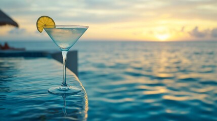 Elegant martini glass resting by infinity pool at sunset overlooking tropical ocean