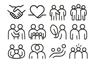 Unified Silhouette Icons. Human Togetherness linear icon set: linked hands, shared heart line, group circle, warm glow, supportive gestures, unity leaf pair, connected silhouettes