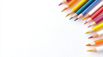 Fototapeta premium A top-down shot of a collection of colorful pencils arranged diagonally on a white surface. The pencils are sharpened and ready to use.