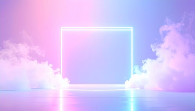 Bright neon frame stage with dramatic pink and purple gradient background and smoke clouds