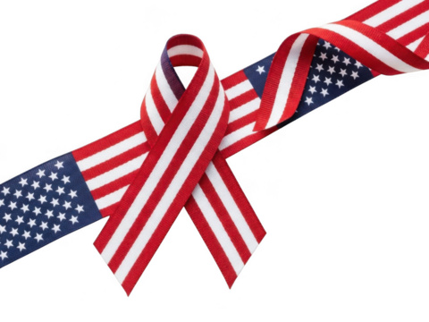American flag awareness ribbon made from striped and starred ribbon material, isolated on transparent background