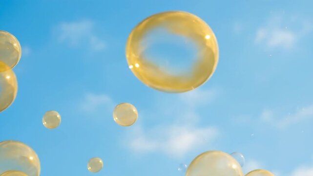 A serene and enchanting scene unfolds as numerous iridescent soap bubbles drift gracefully across a clear, vibrant blue sky dotted with soft white clouds. Sunlight catches the delicate surfaces of the