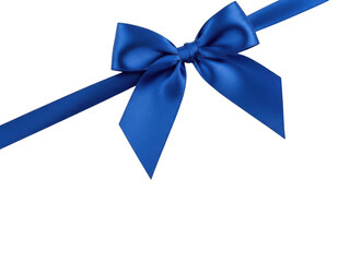 A vibrant royal blue satin ribbon tied into a perfect bow, diagonally positioned against a stark transparent background, ideal for gift wrapping and decoration accents
