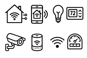 Smart Home Icons. Smart Home Automation Set linear icon set: connected house, smartphone control, light bulb icon, thermostat, security camera, smart speaker, Wi-Fi signal, energy