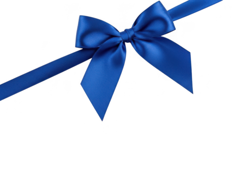 A vibrant royal blue satin ribbon tied into a perfect bow, diagonally positioned against a stark transparent background, ideal for gift wrapping and decoration accents