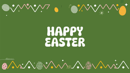 Happy easter greeting with colorful decorative eggs and zigzag borders on a green background