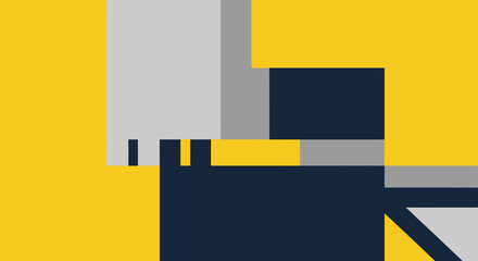 Abstract Geometric Composition with Yellow Gray and Dark Blue Rectangles and Lines.